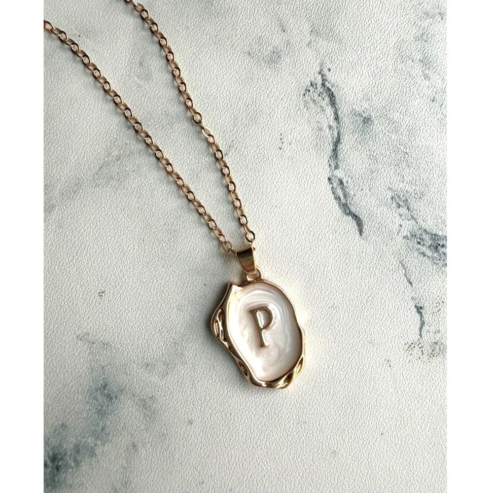 Dainty coastal Jewelry 'P' 18k Gold Plated Oceanus Initial Pearl Oyster Necklace